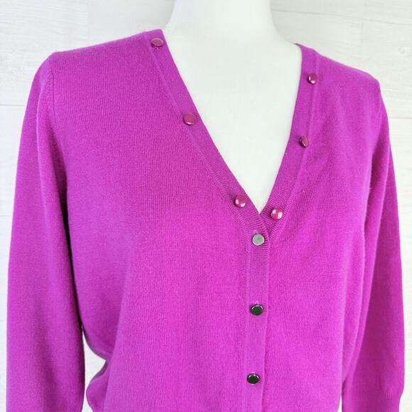 Milly Merino Wool Cardigan Sweater Women Medium Bright Pink Preppy V Neck Studs - Picture 2 of 12